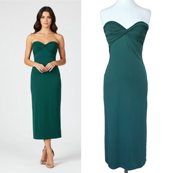 HOUSE OF HARLOW Green Strapless Twist Bodycon Midi Dress Size Medium Bandeau - Picture 1 of 10